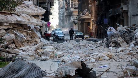 Rubble blocking a street in Aleppo and hindering people's access to areas as a result of the earthquake that hit Türkiye and Syria on 06 February 2023.