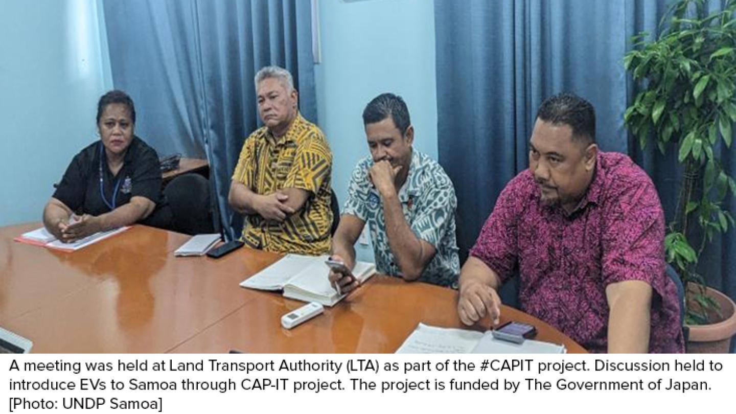 A meeting was held at Land Transport Authority (LTA) as part of the #CAPIT project. Discussion held to introduce EVs to Samoa through CAP-IT project. The project is funded by The Government of Japan.