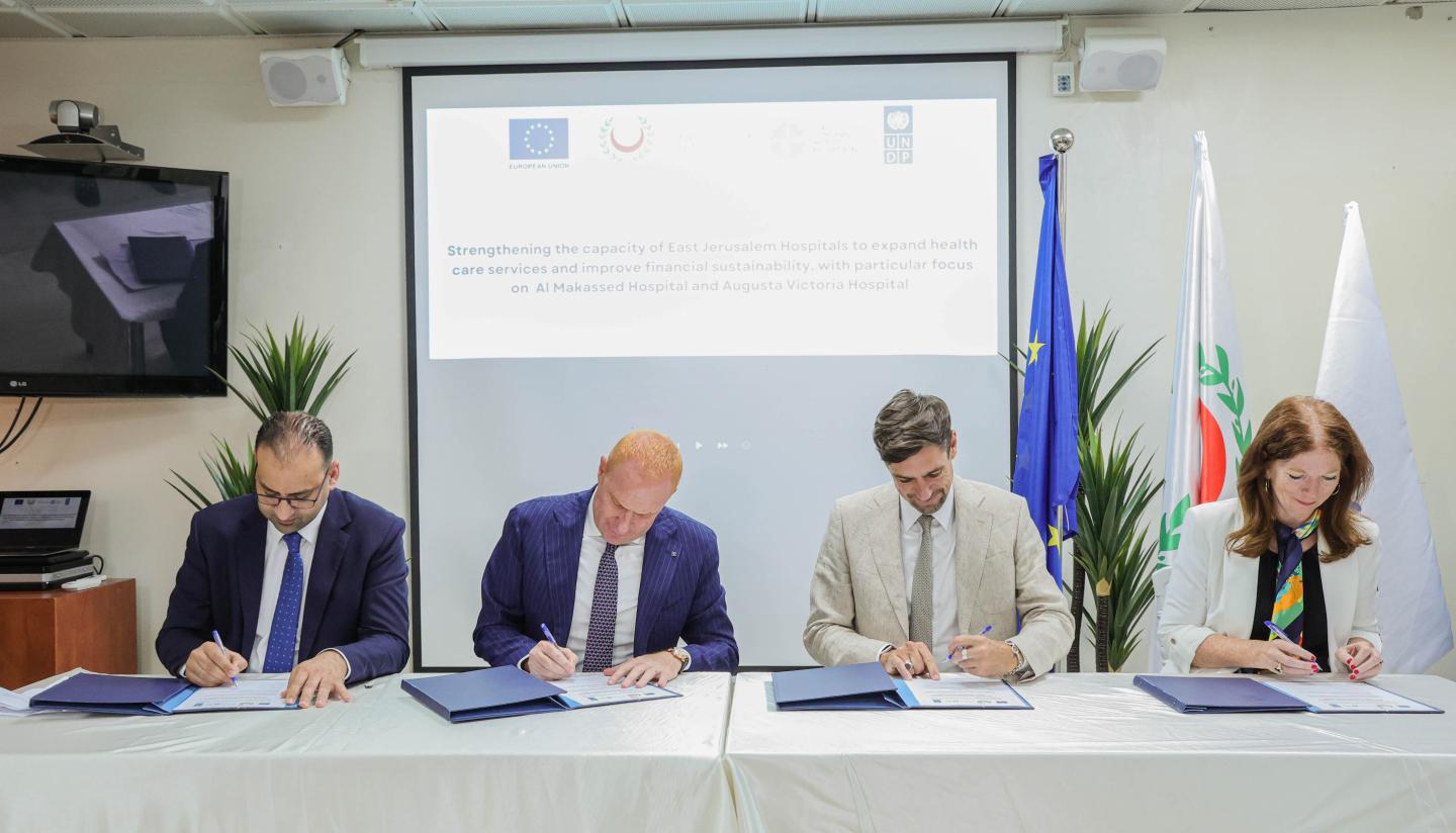 The United Nations Development Programme and the European Union sign an agreement of EUR 5 million to support Al Makassed Hospital and Augusta Victoria Hospital