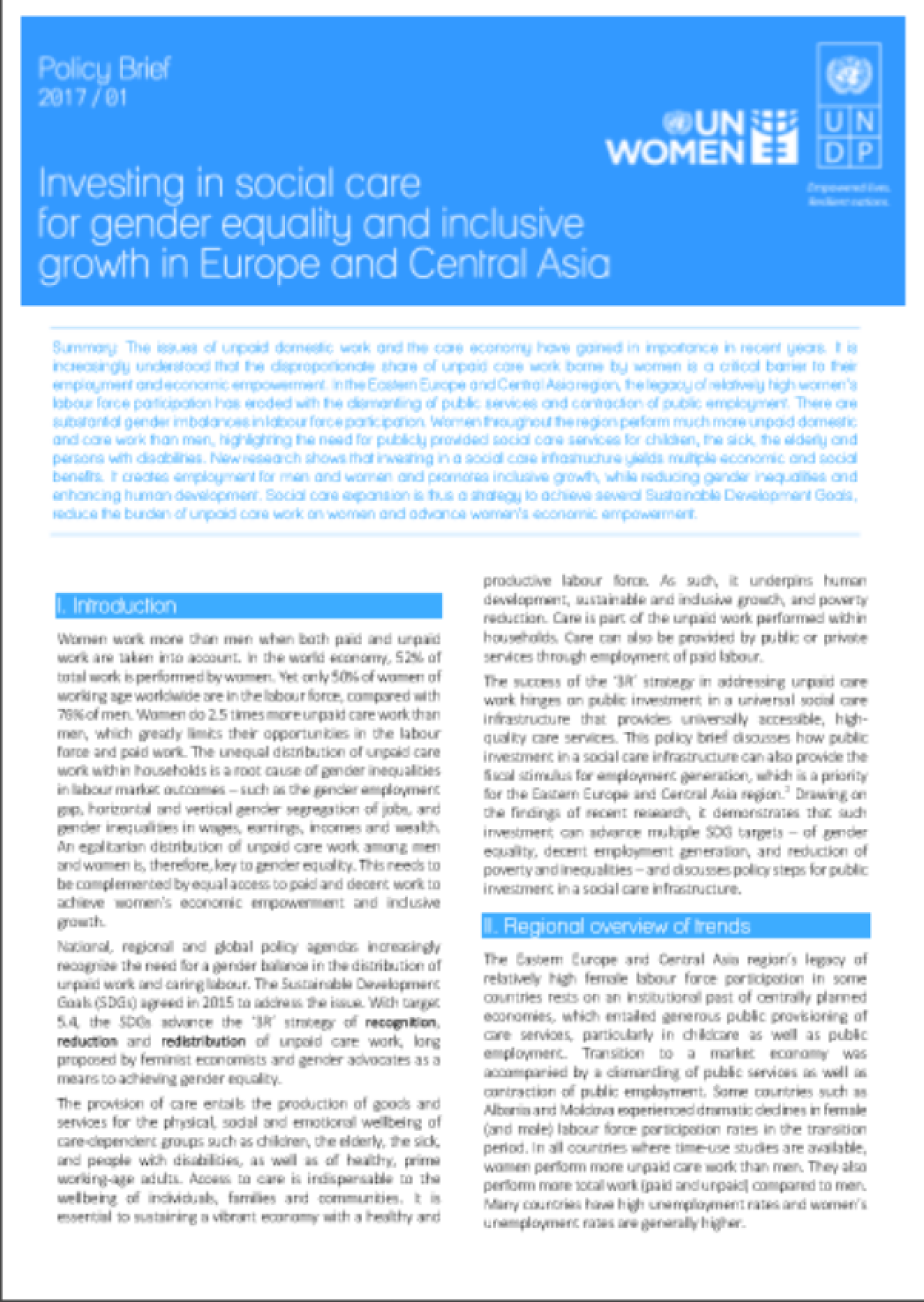 Investing in social care for gender equality and inclusive growth in Europe  and Central Asia